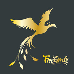 Vector image of a golden silhouette of a phoenix on a dark background and the inscription "Firebirds"