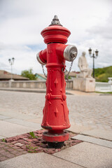 Single red fire hydrant standing on the pavement.