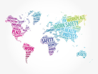 Work Safety word cloud in shape of world map, business concept background