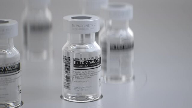 Animation of fictional brand vaccine production line. The brand and other information on the sticker is generic and fictional.