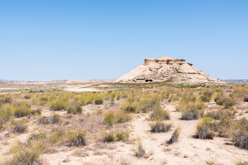 Las Bardenas Reales on a sunny day. Semi-desert natural region, or badlands in southeast Navarre (Spain). Compared to Arizona in the United States of America.