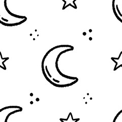 Abstract seamless vector pattern with hand drawn moon and stars. Night sky texture
