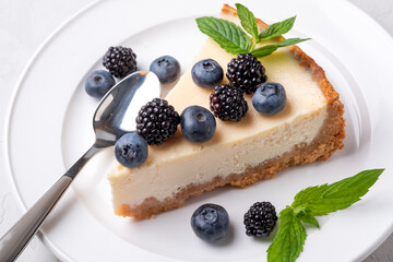 Cheesecake slice, New York style classical cheese cake on grey background. Slice of tasty cake on white plate