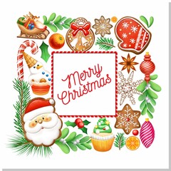 Christmas illustration. Christmas card. Gingerbread. Holiday banners, Christmas toys. merry Christmas.
