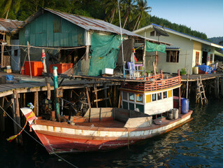 Obraz premium The fishing village houses a wooden bridge and a fishing boat.