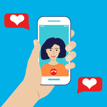 Video call with loved one. Male hand holding phone with girlfriend on screen. Finger touch screen. Vector  illustration. Video call concept. 