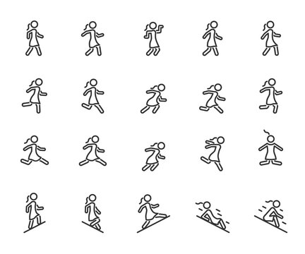 Vector set of movement woman line icons. Contains icons walking, running, jumping, climbing, descending, gait and more. Pixel perfect.