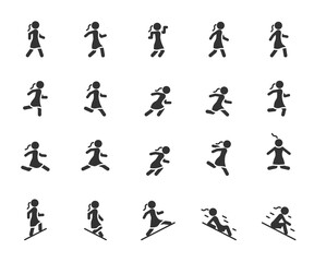 Vector set of movement woman flat icons. Contains icons walking, running, jumping, climbing, descending, gait and more. Pixel perfect.