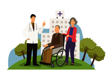 smart doctor with old man and old woman together in front of hospital building cartoon character design