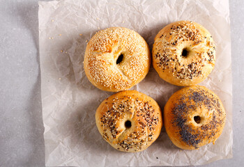 Homemade bagels with different topping