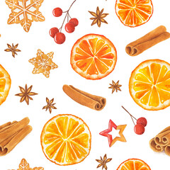 Watercolor seamless pattern with Christmas gingerbread cookies, orange, red berries, star anise and cinnamon