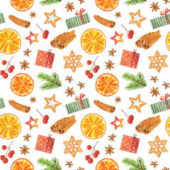 Watercolor seamless pattern with Christmas gingerbread cookies, orange, red berries, christmas tree and box, star anise and cinnamon