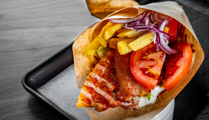 greek bacon gyros with tzatziki sauce, vegetables, feta cheese and french fries
