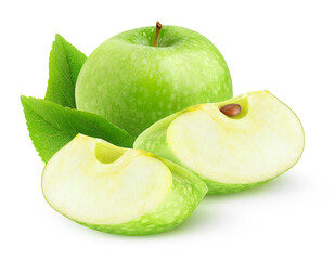 Isolated apple. One green apple and two wedges isolated on white background