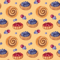 Warm yellow seamless pattern with cherry and blueberry tarts, cinnamon rolls and berries. Watercolor hand-drawn elements. Perfect for kitchen and dining decor and textile, wallpaper and cafe design. 