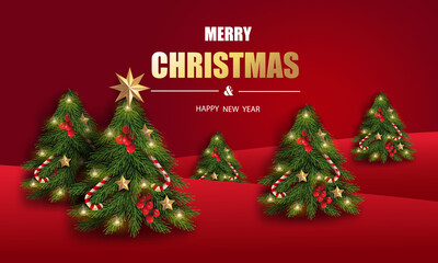 Merry Christmas and Happy New Year. Christmas greeting card made by Christmas trees in red background.	
