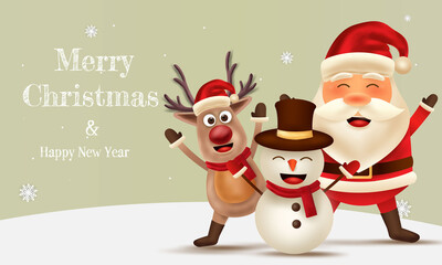 Merry Christmas and happy new year. Christmas greeting card with cute Santa Claus, reindeer and snowman. Vector illustration template.