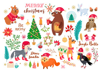 Naklejka premium Christmas forest animals set in cartoon style with calligraphy and other elements. Vector illustration. New Year decoration elements collection isolated on white background. Winter holidays