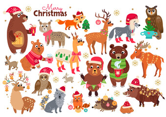 Christmas forest animals set in cartoon style with calligraphy and other elements. Vector illustration. New Year decoration elements collection isolated on white background. Winter holidays