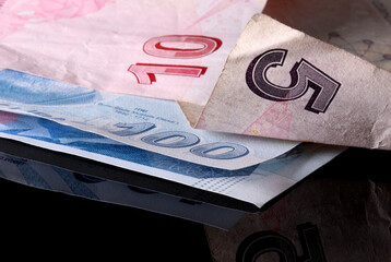 close-up detail of Turkish banknotes