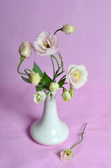 bouquet of light-pink eustoma flowers in a ceramic vase on a pink background