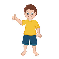 A small schoolboy boy in a t shirt and shorts with a fashionable hairstyle