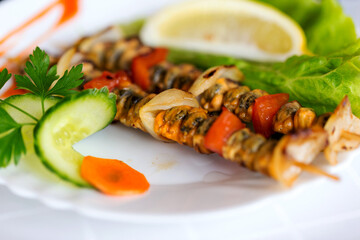 creative serving fried mussels with herbs, selective focus