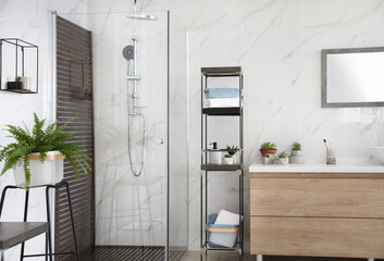 Bathroom interior with shower stall and counter. Idea for design