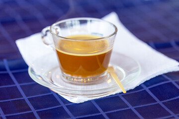 Cup of coffee. Morning atmospheric lighting, fashionable trendy spot soft focus. Preparation for design creative menu.