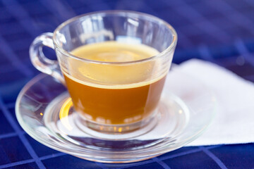 Cup of coffee. Morning atmospheric lighting, fashionable trendy spot soft focus. Preparation for design creative menu.