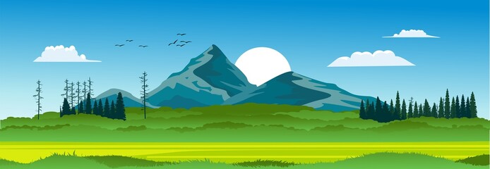 Banner horizontal natural landscape, blue sky with clouds, mountains, hills and forest, vector illustration