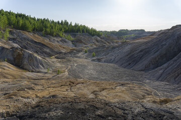 Abandoned clay quarry. Gray mountains, dumps. Forest in the distance.