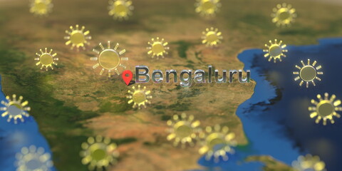 Sunny weather icons near Bengaluru city on the map, weather forecast related 3D rendering