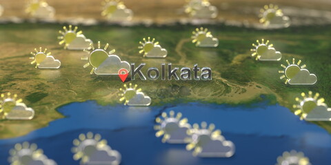 Kolkata city and partly cloudy weather icon on the map, weather forecast related 3D rendering