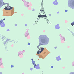 Fototapeta na wymiar Seamless pattern with Eiffel tower, flowers, gramophone on a green background. Vector illustration.