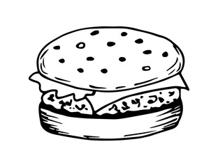Simple vector freehand drawing in black outline. Hamburger, cheeseburger isolated on white background. For label design, fast food cafe, menu.