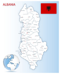 Detailed Albania administrative map with country flag and location on a blue globe.