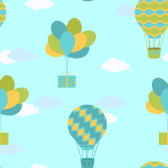 Seamless pattern with balloons, airships and gifts on a blue background. For decorating textiles, packaging and wallpaper. Vector illustration.