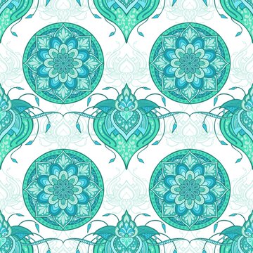 Lotus henna and circle mandala flower illustration doodle design for seamless pattern vector for printing fabric wallpaper background with Aqua mint green tone and white background  