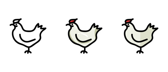 This is a set of icons with a different style of chicken. Contour and colored symbols of a chicken. Freehand drawing. Stylish solution for a website.