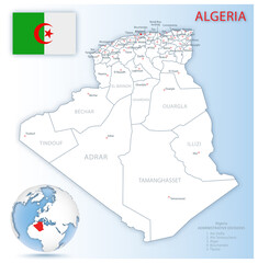 Detailed Algeria administrative map with country flag and location on a blue globe.