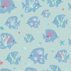Seamless pattern of stylized sea fish