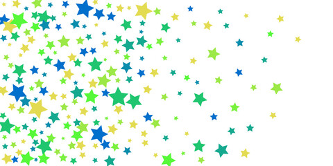 Shooting stars confetti. Blue, green, yellow, shades of blue, green stars. Festive background. Abstract texture on a white background. Design element. Vector illustration, eps 10.