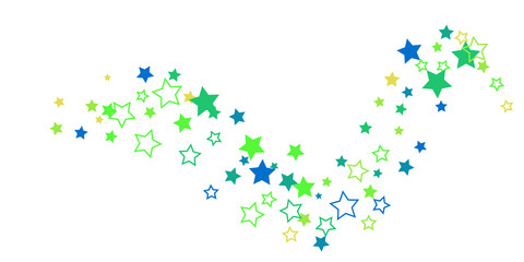 Shooting stars confetti. Blue, green, yellow, shades of blue, green stars. Festive background. Abstract texture on a white background. Design element. Vector illustration, eps 10.