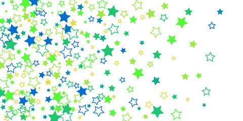 Shooting stars confetti. Blue, green, yellow, shades of blue, green stars. Festive background. Abstract texture on a white background. Design element. Vector illustration, eps 10.
