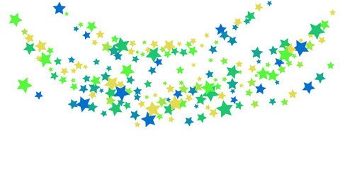 Shooting stars confetti. Blue, green, yellow, shades of blue, green stars. Festive background. Abstract texture on a white background. Design element. Vector illustration, eps 10.