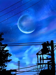 silhouette of electric pole and starry night sky