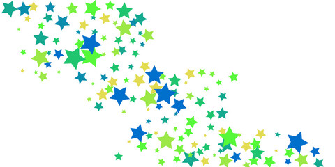 Shooting stars confetti. Blue, green, yellow, shades of blue, green stars. Festive background. Abstract texture on a white background. Design element. Vector illustration, eps 10.
