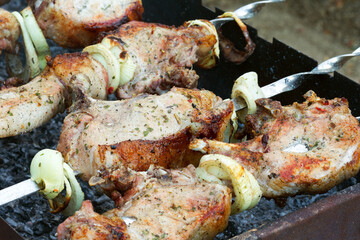 Grilled kebab cooking on metal skewer. Roasted meat cooked at barbecue. BBQ fresh beef meat chop slices. Traditional eastern dish, shish kebab. Grill on charcoal and flame, picnic, street food