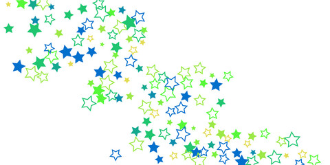 Shooting stars confetti. Blue, green, yellow, shades of blue, green stars. Festive background. Abstract texture on a white background. Design element. Vector illustration, eps 10.